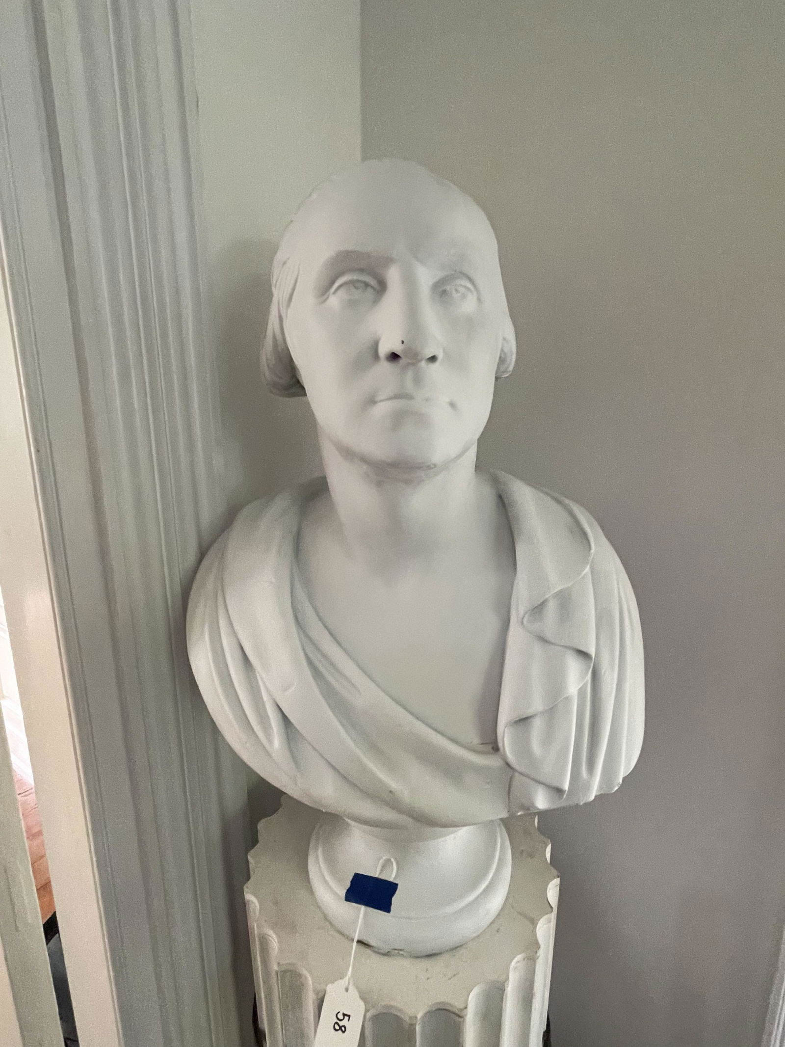 A PLASTER BUST OF GEORGE WASHINGTON, 16" X 10" X 24". (1 of 6)