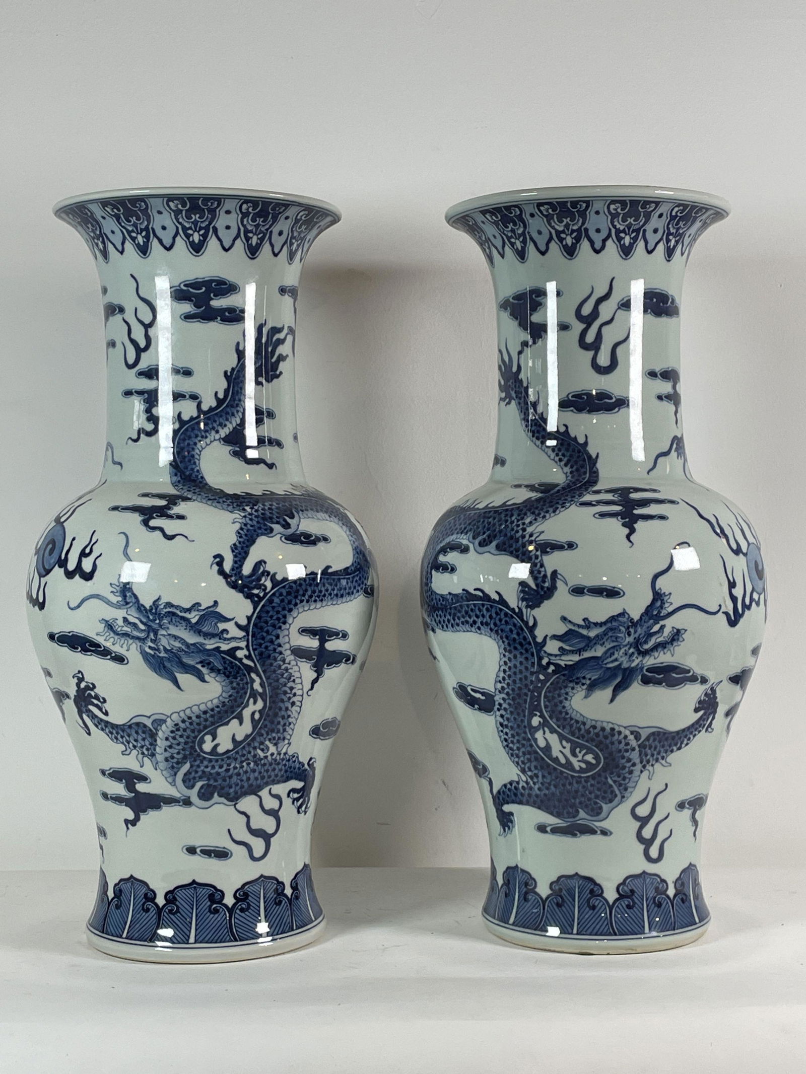 PAIR OF CHINESE BLUE VASES W/ DRAGONS. 20" TALL X 10" D (1 of 6)