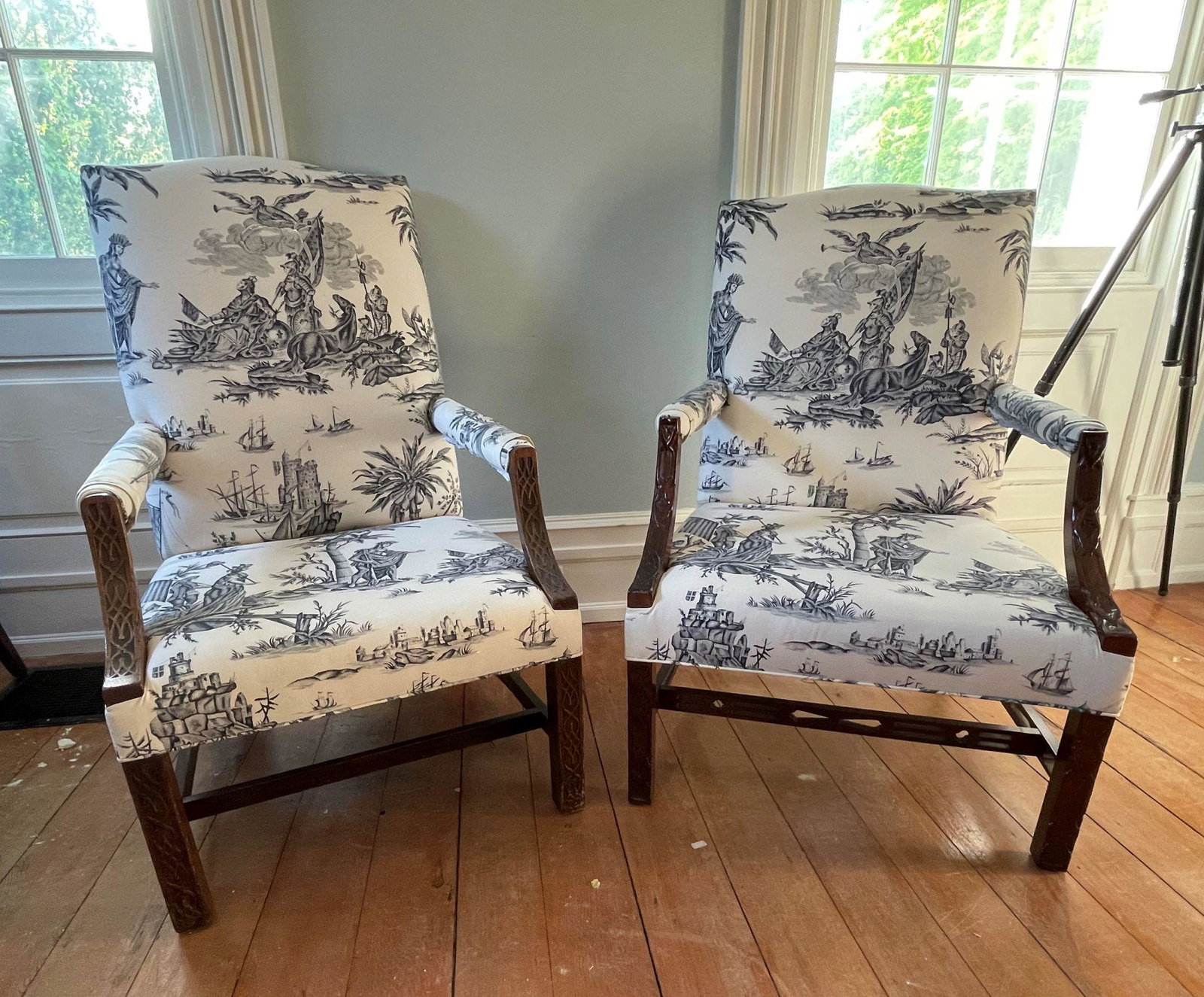 A PAIR OF GEORGE III CHINESE CHIPPENDALE UPHOLSTERED: A PAIR OF GEORGE III CHINESE CHIPPENDALE UPHOLSTERED ARMCHAIRS. 40" TALL X 26" WIDE X 27" DEEP. PROPERTY OF A FINE SAG HARBOR ESTATE