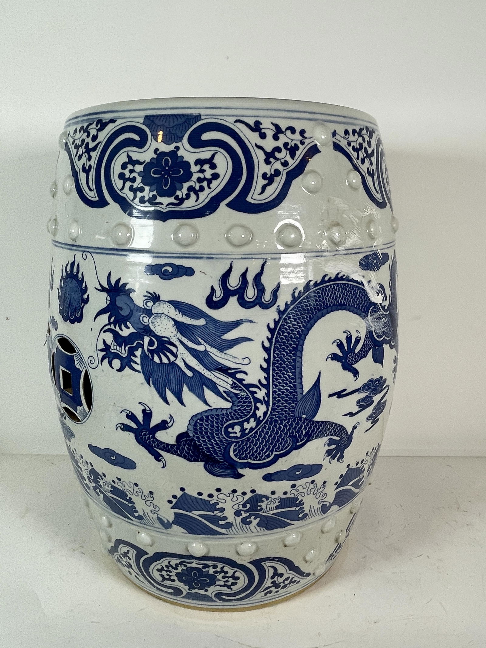 CHINESE BLUE AND WHITE POTTERY GARDEN SEAT, 13" D X 18" (1 of 3)