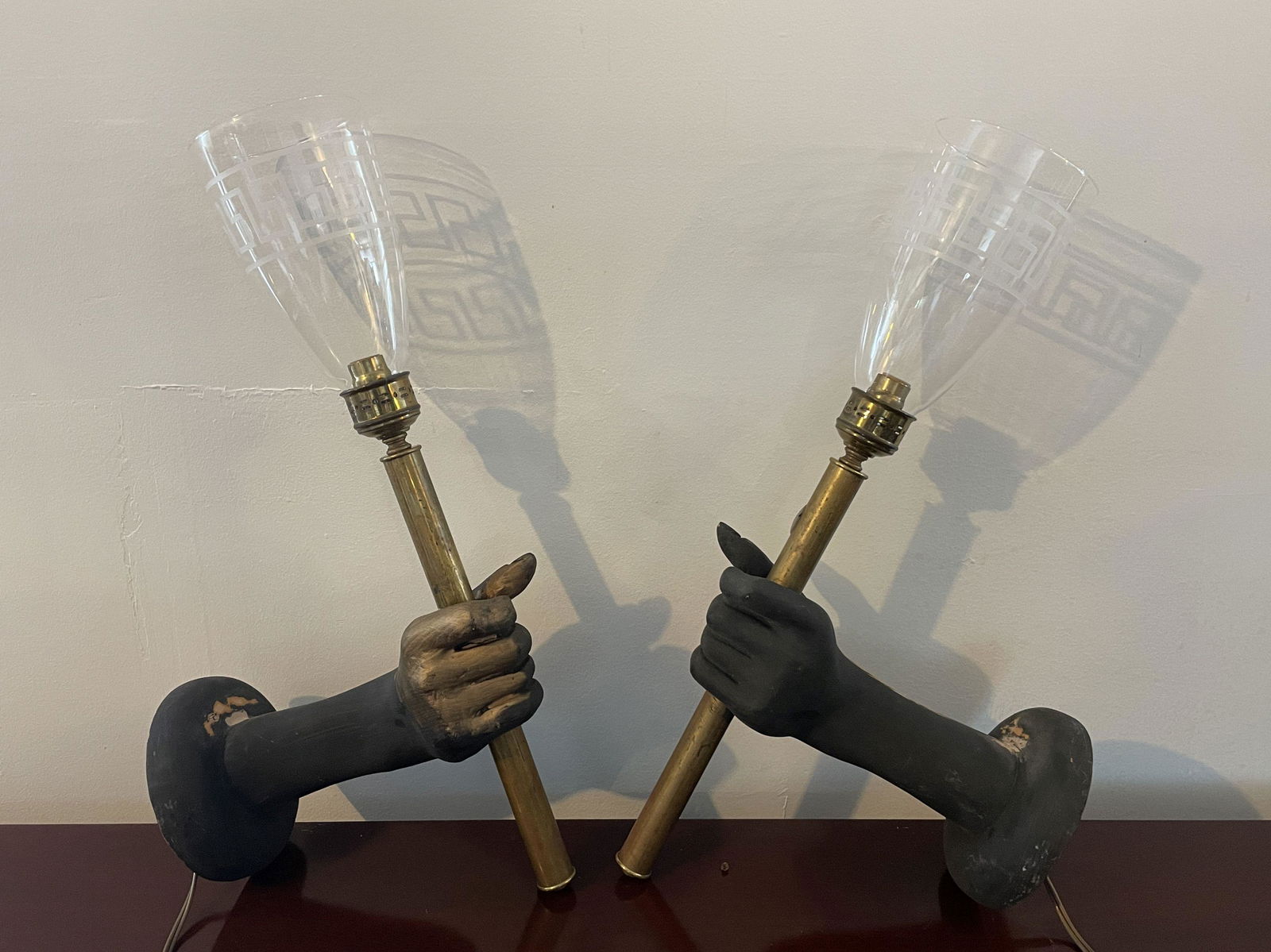 A PAIR OF CARVED WOOD AND BRASS WALL SCONCES W/ GREEK (1 of 6)