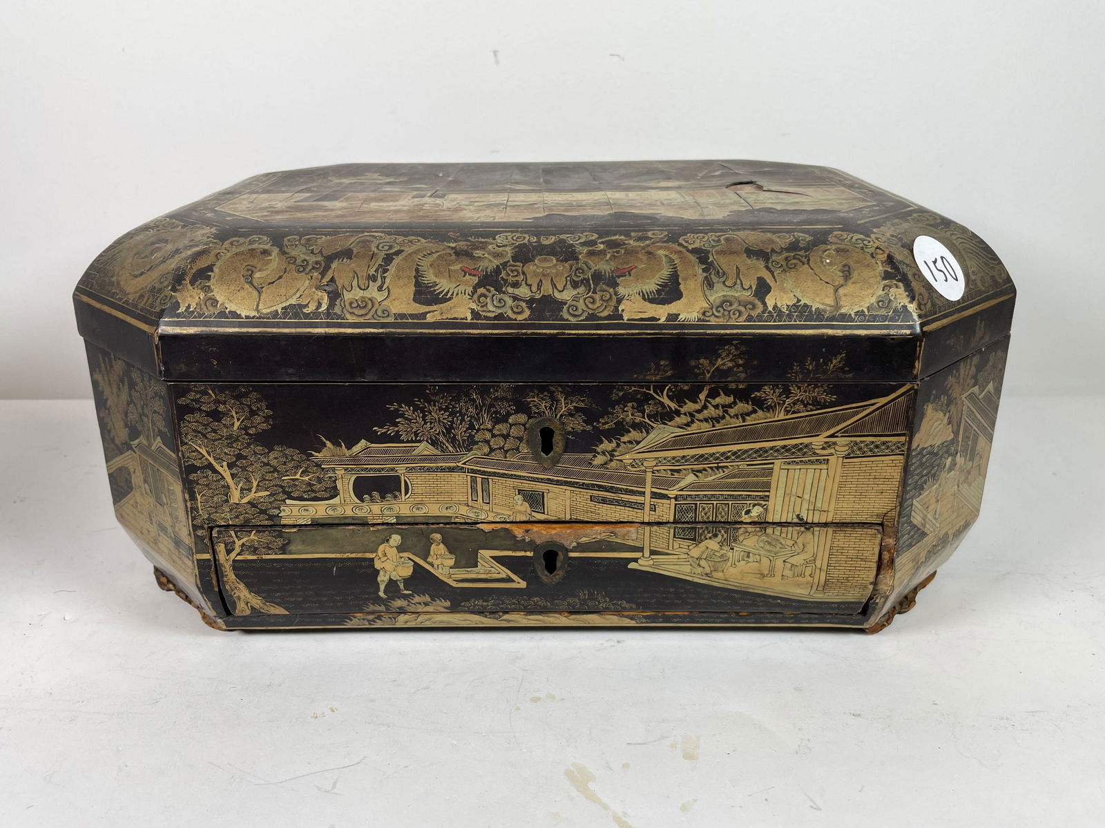A 19TH CENTURY CHINESE LACQUERED BOX, 14" X 10.5" X 7". (1 of 7)
