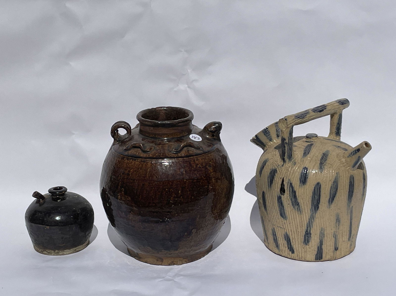 TWO BROWN GLAZED FRENCH EARTHENWARE JUGS, 12" X 11" AND (1 of 5)