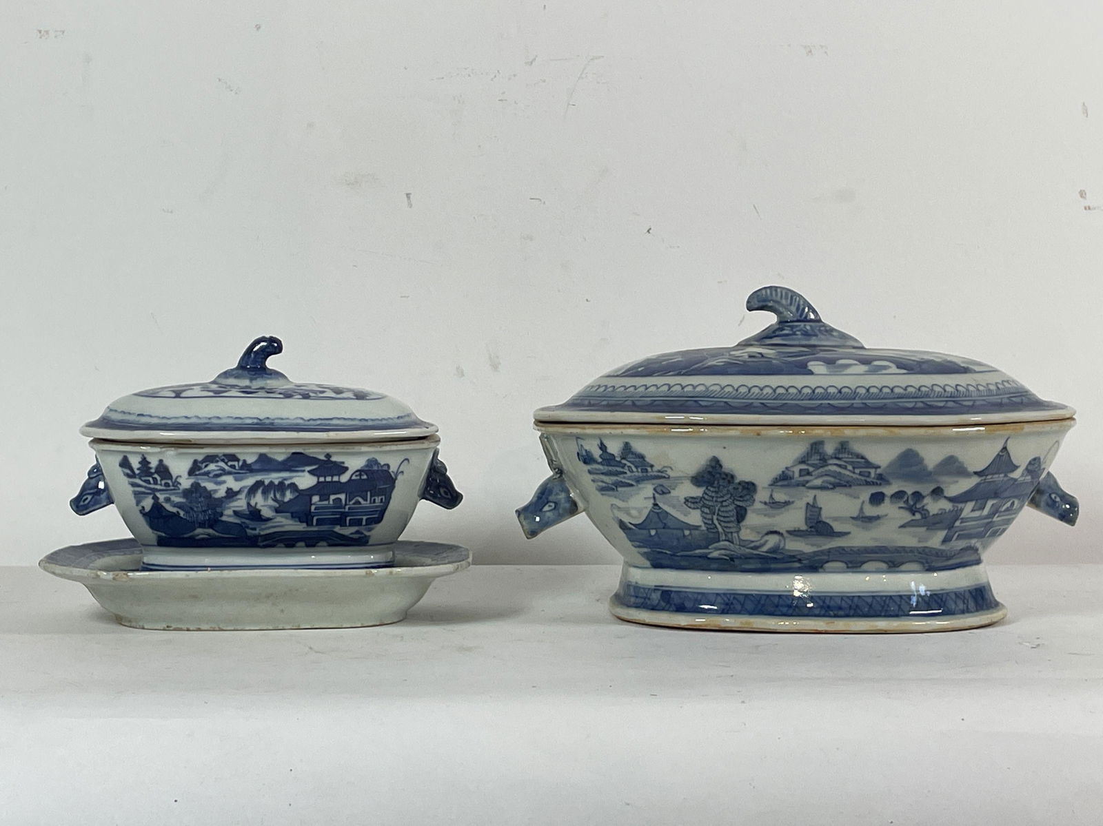 TWO CANTON CHINESE EXPORT TUREENS, 10" X 8" X 5.5" AND (1 of 4)