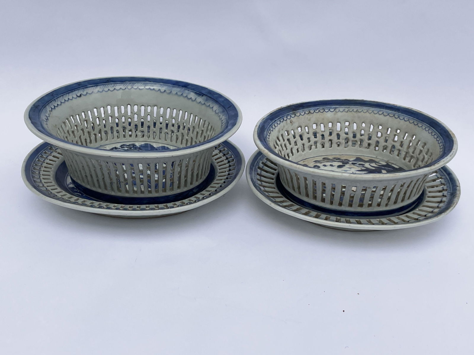 TWO CANTON CHINESE EXPORT RETICULATED BOWLS W/ LINERS, (1 of 4)