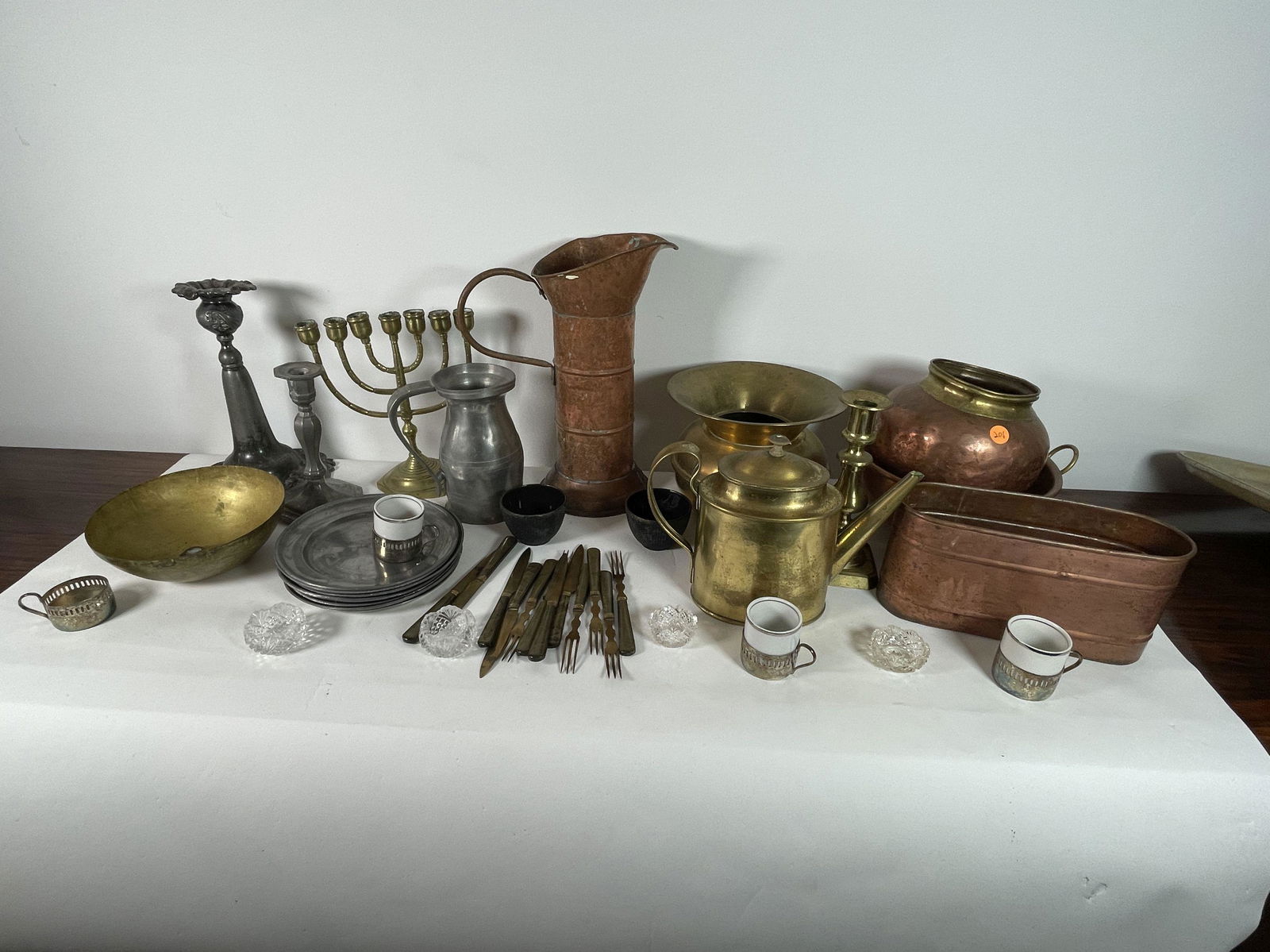 TWO TRAYS EARLY COOPER, BRASS, PEWTER, AND SILVERPLATE, (1 of 8)