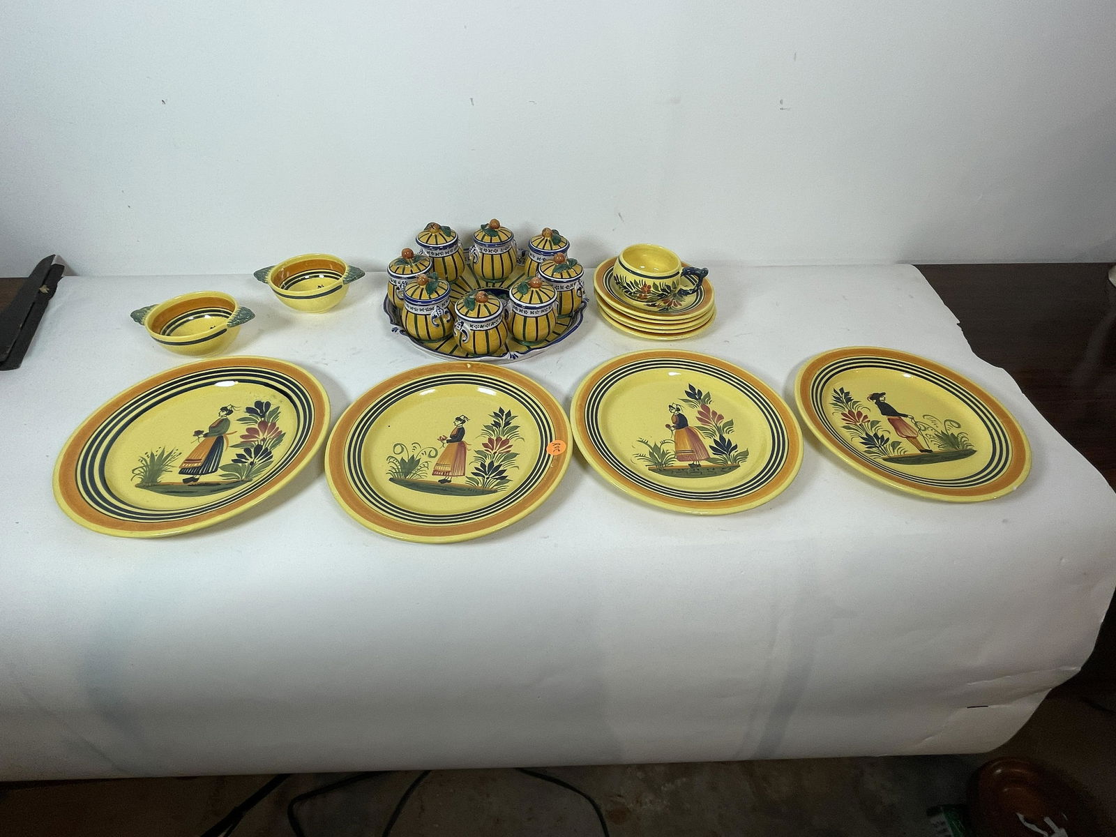 LOT OF QUIMPER AND FRENCH REDWARE POTTERY, 11" AND (1 of 8)