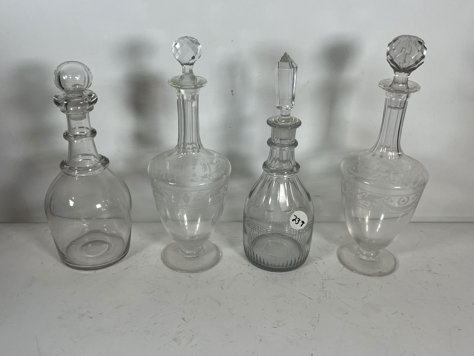 LOT OF 4 ANTIQUE GLASS DECANTERS, 11" AND SMALLER. (1 of 8)