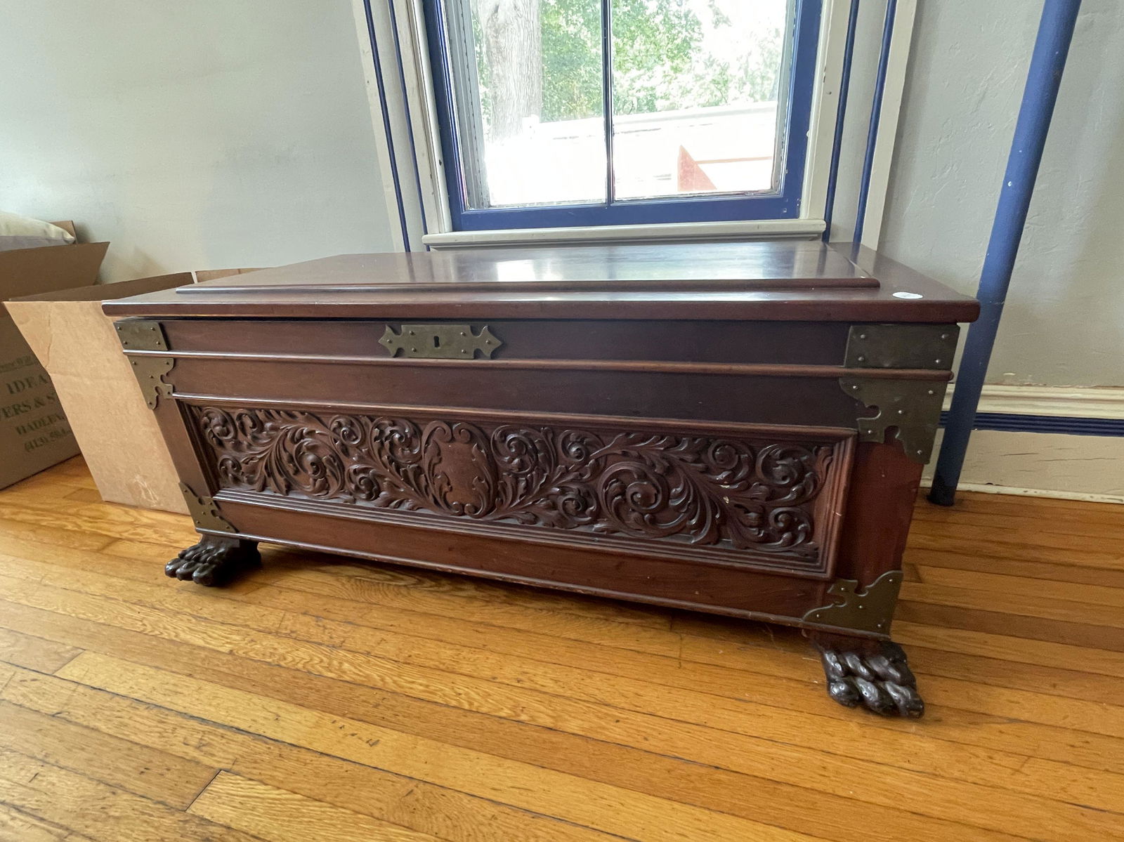 A CARVED MAHOGANY DOWERY CHEST WITH PAW FEET 45.5" X (1 of 5)