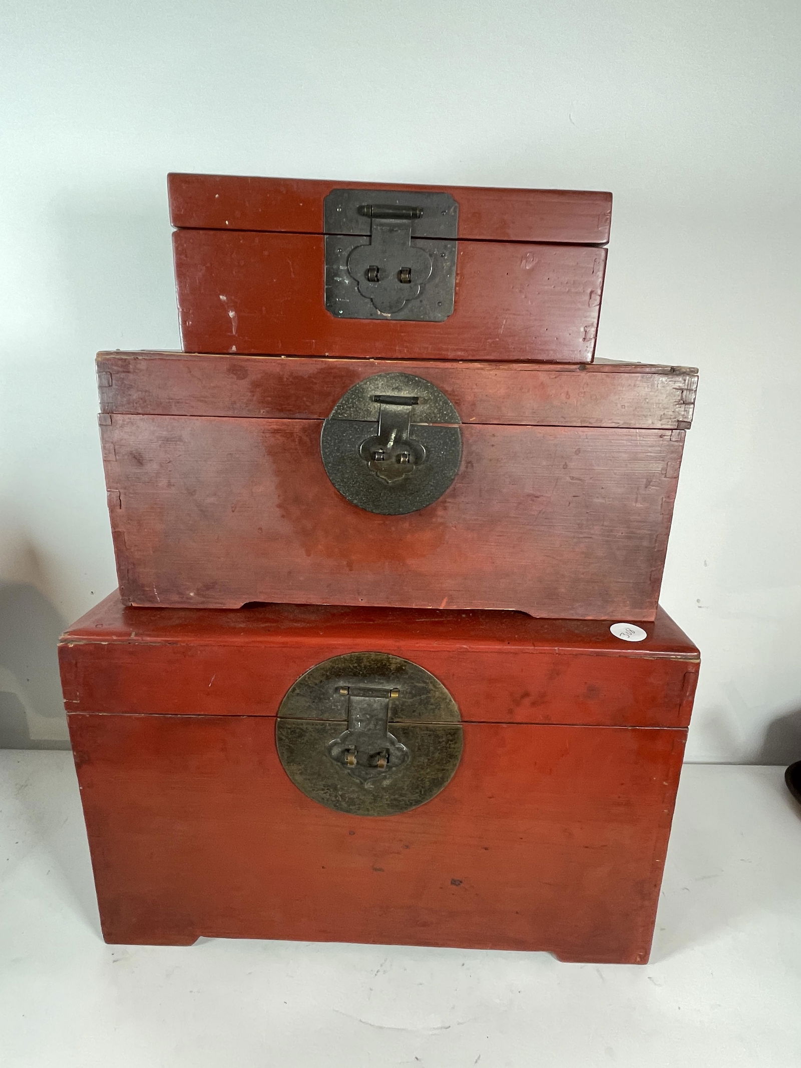 3 RED LACQUERED ANTIQUE CHINESE BOXES. 20" X 15" X 12" (1 of 8)