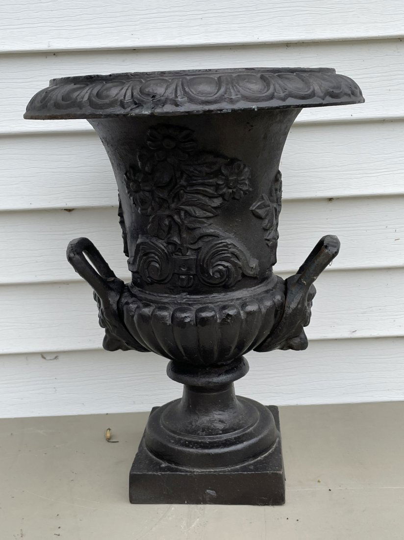 A CAST IRON URN FORM PLANTER. 18"T X 13"D. PROPERTY OF (1 of 6)