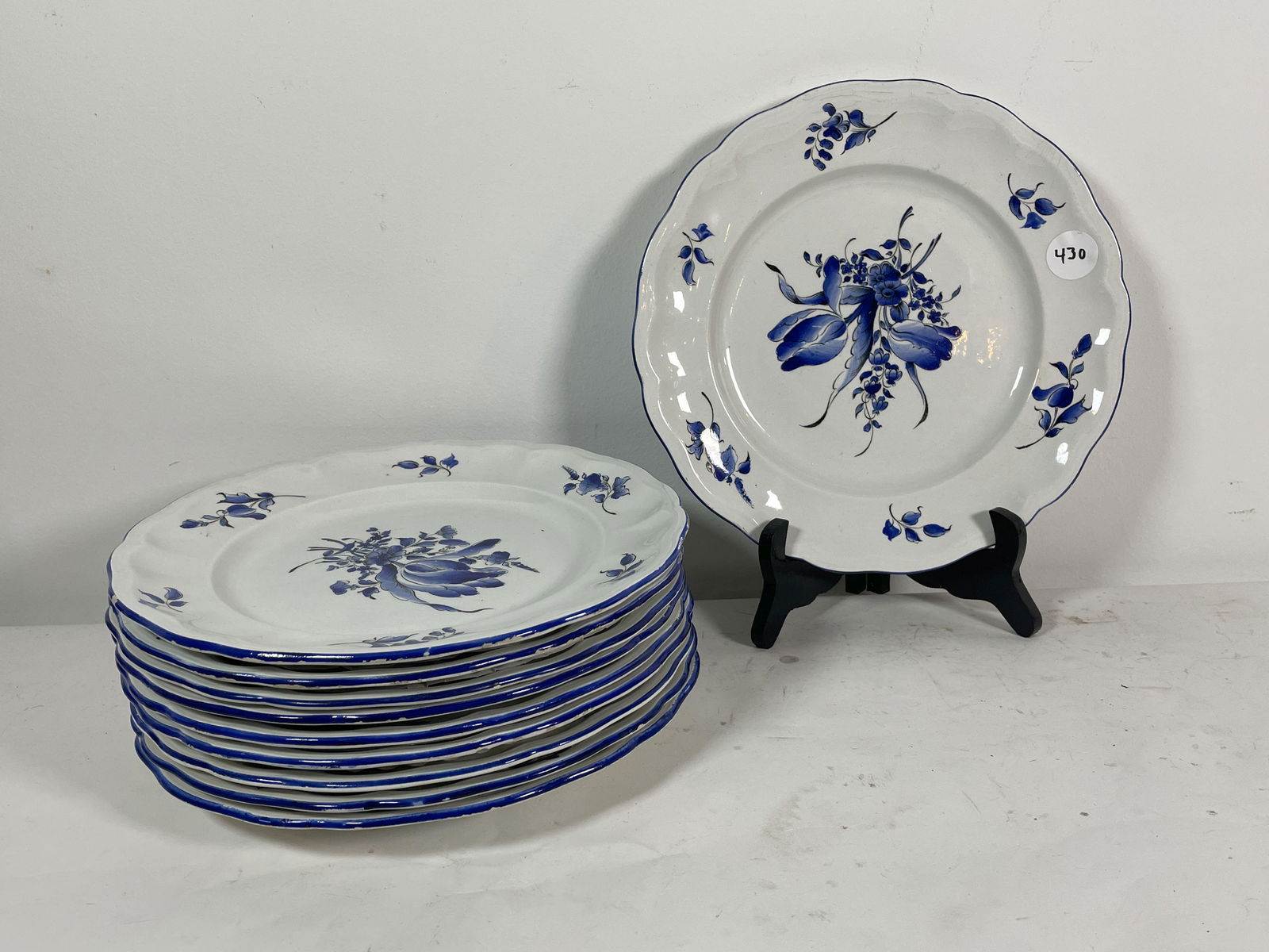 TWELVE FRENCH LUNEVILLE DINNER PLATES W/ BLUE FLORAL (1 of 4)