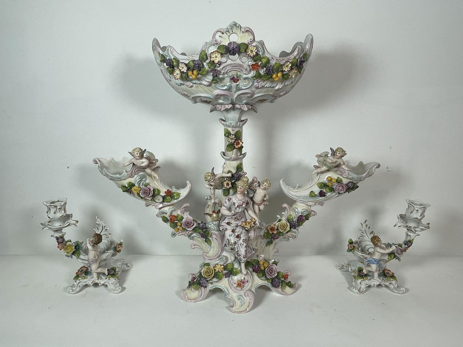 A LARGE FIGURAL GERMAN PORCELAIN CORNUCOPIA CENTERPIECE (1 of 7)
