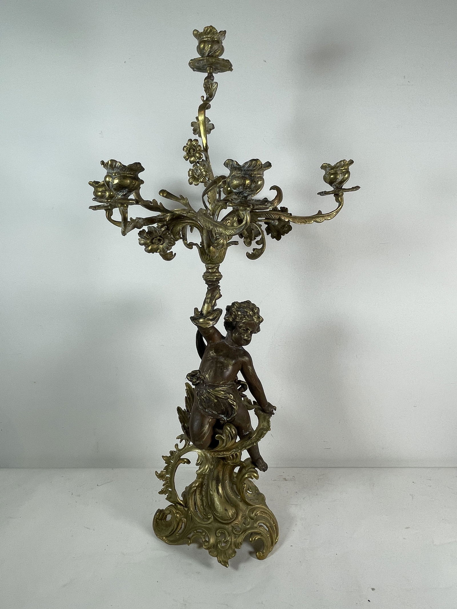 A GILT BRONZE FIGURAL CANDLEABRA W/ CHERUB, 32" TALL (1 of 13)