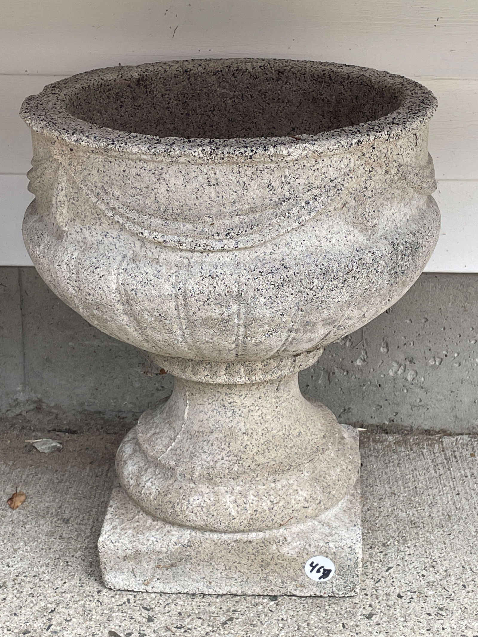 A CAST STONE URN, 13" X 13" X 17" (1 of 3)