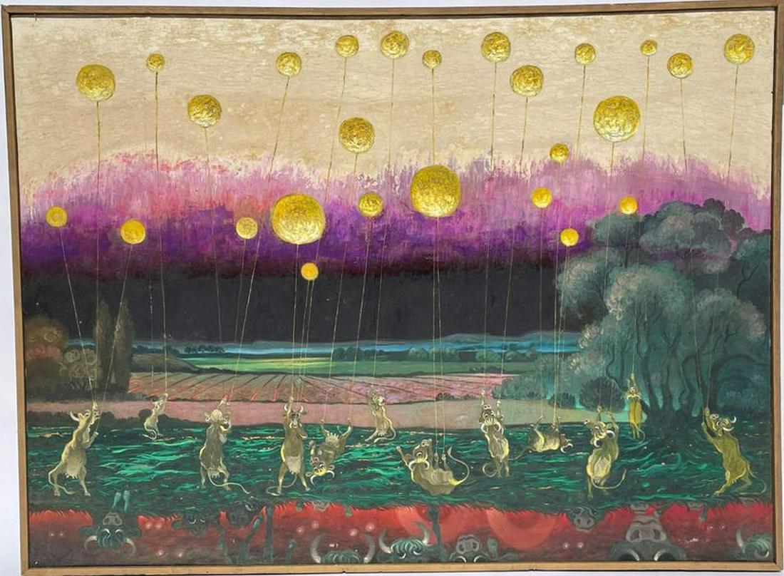 JAMES APOSTLE OIL PAINTING "COWS FLYING BALLOONS" (1 of 4)