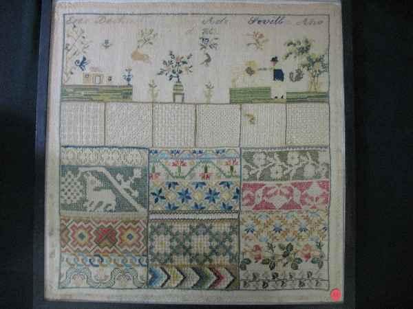 21" X 21" 1863 MEXICAN SAMPLER MARKED "ESTE DEC: 21" X 21" 1863 MEXICAN SAMPLER MARKED "ESTE DECHADO LO LIZO ADELA SEVILLA ANO"