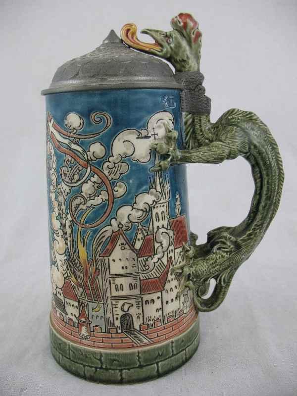 FIGURAL METTLACH STEIN WITH DRAGON POLYCHROMED: FIGURAL METTLACH STEIN WITH DRAGON POLYCHROMED 7"