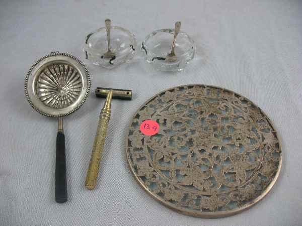 GEORGIAN STERLING TEA STRAINER W/ EBONY HANDLE,: GEORGIAN STERLING TEA STRAINER W/ EBONY HANDLE, 2 SALTS, GOLD FILLED RAZOR, STERLING TRIVET