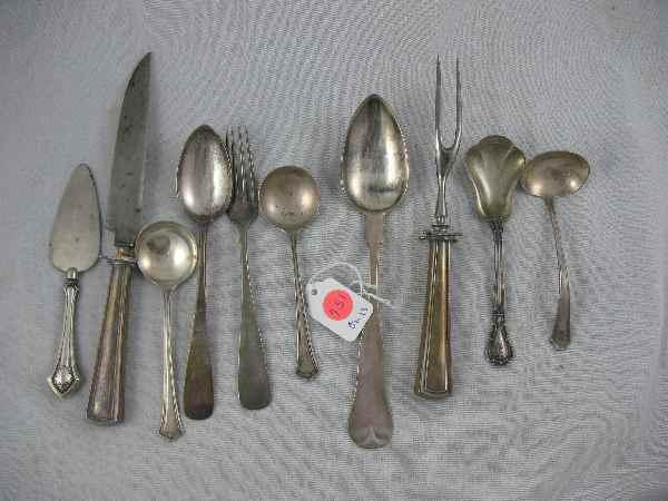 N. HARDING COIN SILVER SERVING SPOON AND 9 PIEC: N. HARDING COIN SILVER SERVING SPOON AND 9 PIECES MISC. WEIGHTED, STERLING, AND 800 FLATWARE- 14.9OZ