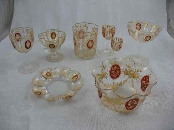 62 PIECES MOSIER ETCHED & GOLD INLAID GLASSWARE: 62 PIECES MOSIER ETCHED & GOLD INLAID GLASSWARE INC: 14 TUMBLERS, 11 TEA CUPS, 13 LINERS, 10 SHERBETS, 3 SMALL WINES, 2 BERRY BOWLS, 8 CORDIALS AND 3 SMALL STEMWARE