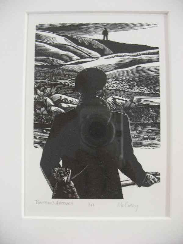 "BOUFFIERS APPROACH" WOODBLOCK PRINT BY MICHAEL: "BOUFFIERS APPROACH" WOODBLOCK PRINT BY MICHAEL MCCURDY 1985 SIGNED, 1/100 6" X 4" SIGHT, 16" X 20" FRAMED