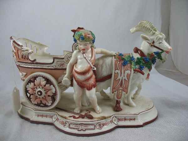 KPM PORCELAIN GOAT CART W/ CHERUB FIGURAL GROUP: KPM PORCELAIN GOAT CART W/ CHERUB FIGURAL GROUPING, DAMAGE: 2 REPAIRS TO CART, GOAT MISSING PART OF HORN