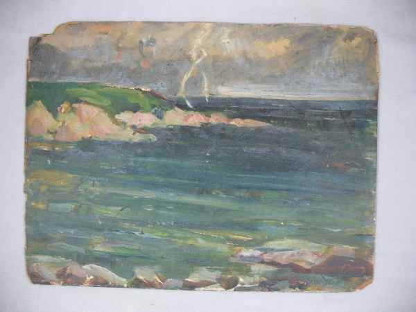 OIL PAINTING BY THERESA BERNSTEIN OF ROCKPORT: "STORM OVER ROCKPORT HARBOR" OIL ON BOARD BY THERESA BERNSTEIN, CIRCA 1922, 15" X 20", CHIPPING TO CORNERS Theresa Ferber BERNSTEIN (1890-2002) Theresa F. MEYEROWITZ Biography Birth place: Phila., PA 