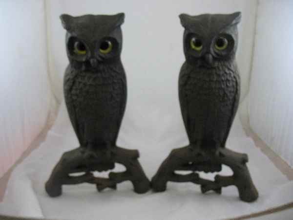 OWL ANDIRONS W/ GLASS EYES: OWL ANDIRONS W/ GLASS EYES
