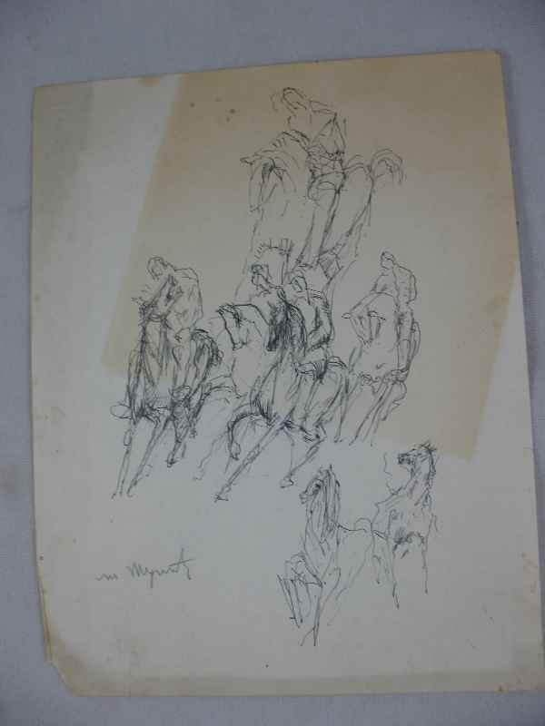 "STUDY OF HORSES" BY WILLIAM MEYEROWITZ, PEN AN: "STUDY OF HORSES" BY WILLIAM MEYEROWITZ, PEN AND INK, 8 1/2" X 11", DISCOLORATION William MEYEROWITZ (1887-1981) Biography Birth place: Eksterinoslav, Ukraine Death place: NYC Addresses: NYC, 1908-on