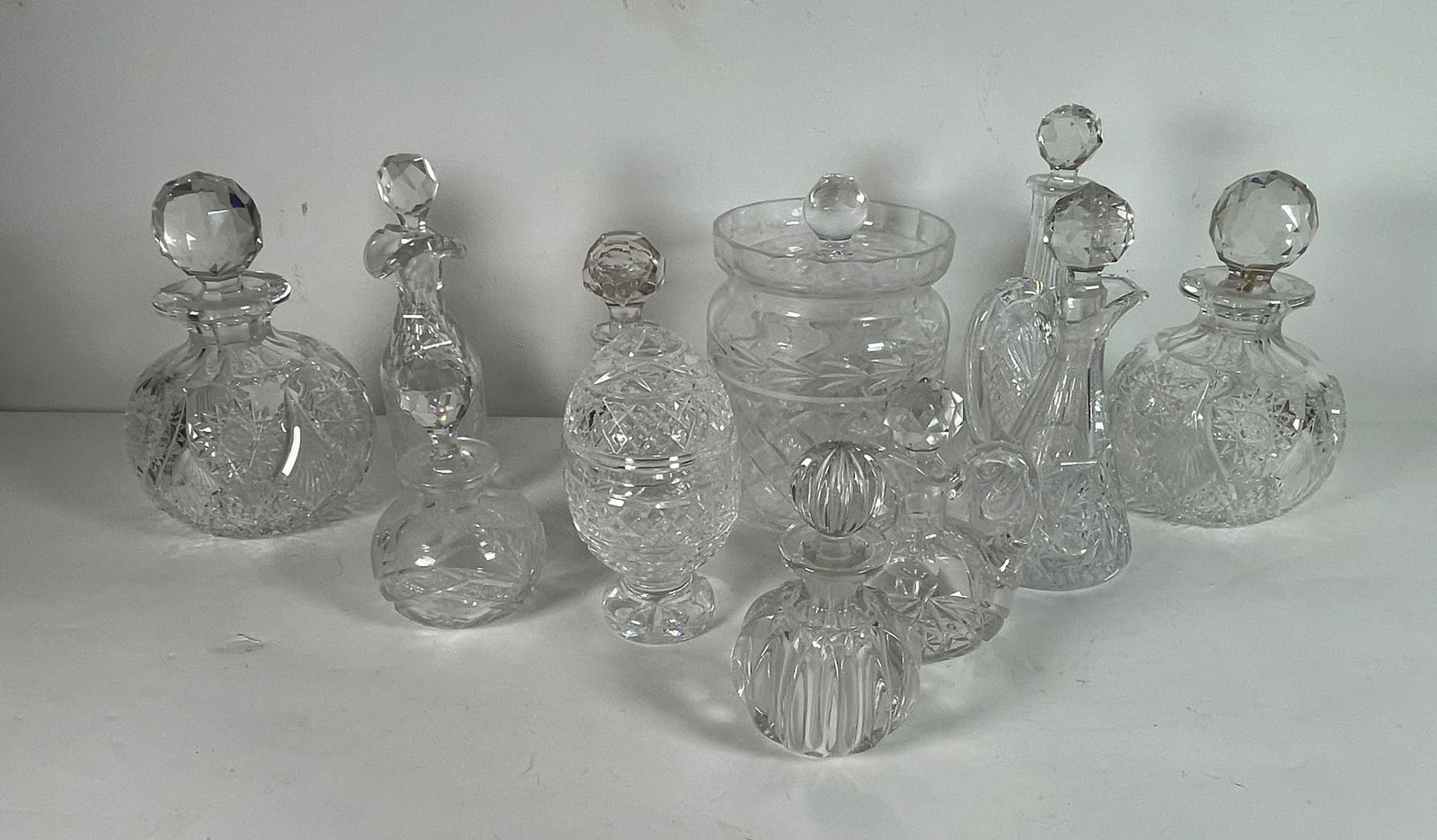 11 CUT CRYSTAL STOPPERED BOTTLES AND JARS, 7.5" AND (1 of 3)