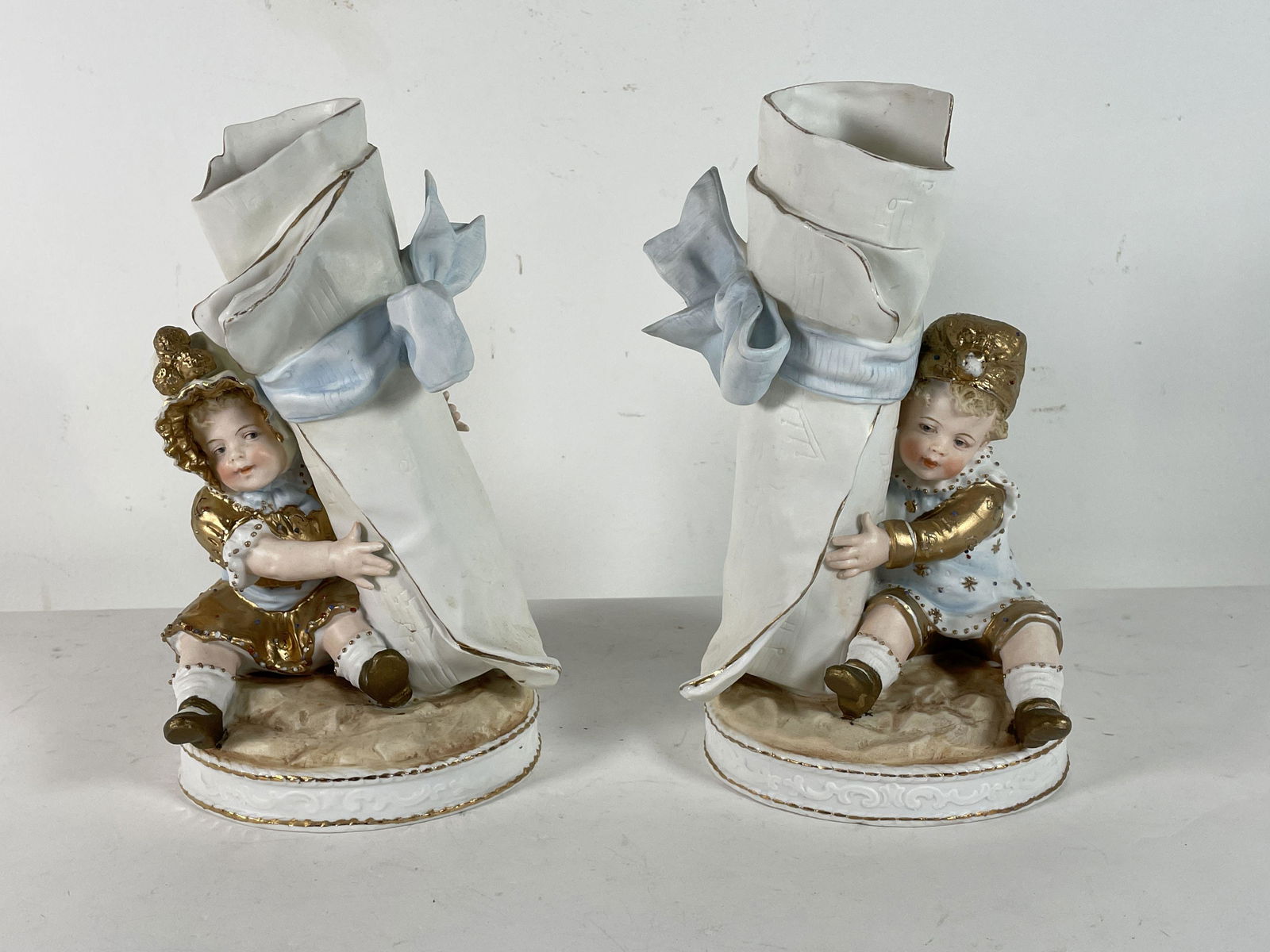 PAIR OF GERMAN PORCELAIN FIGURAL FLOWER VASES, 8" AND (1 of 4)