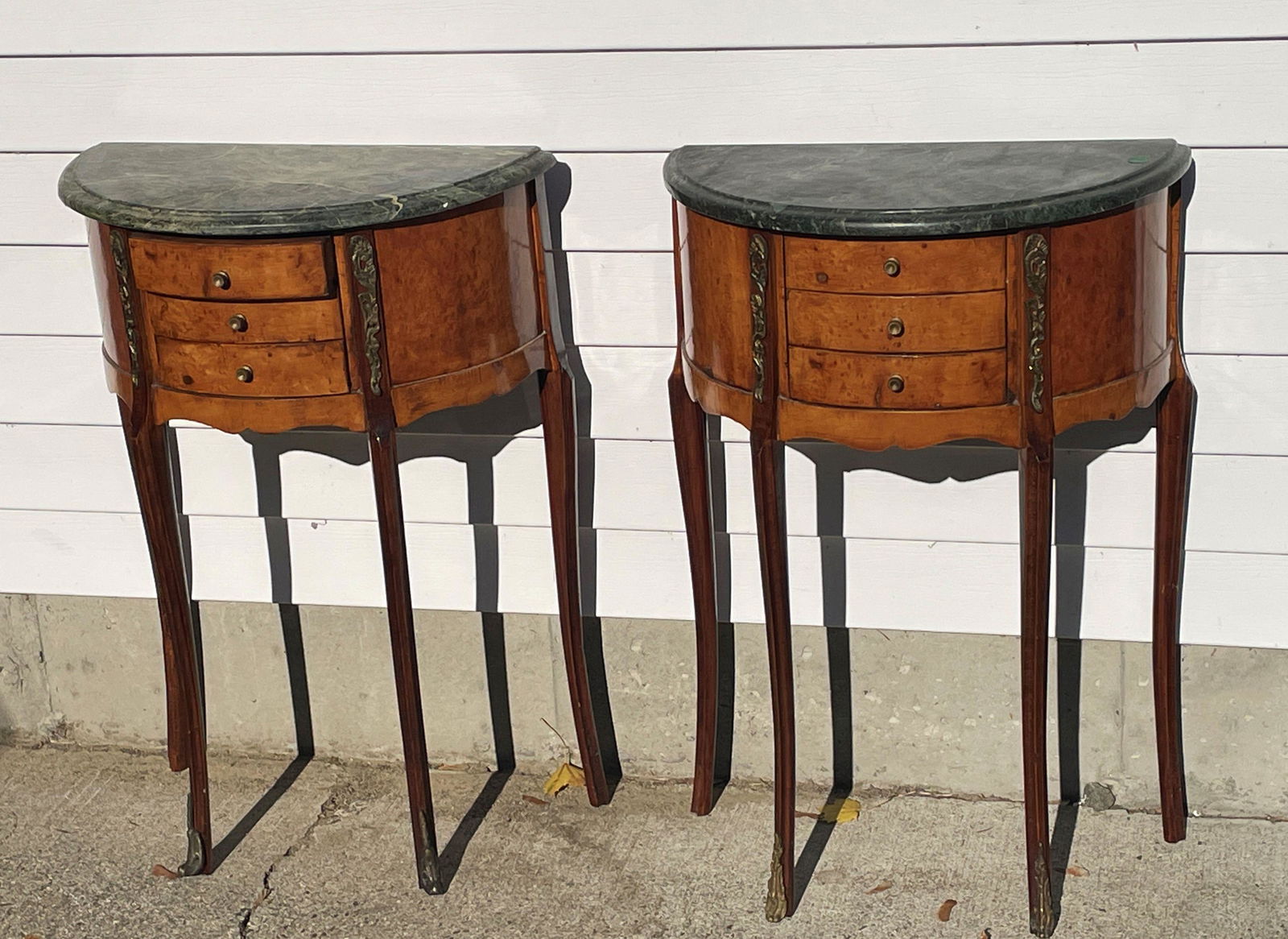 A PAIR OF MARBLE TOP DEMILUNE CONTINENTAL SIDE TABLES, (1 of 6)
