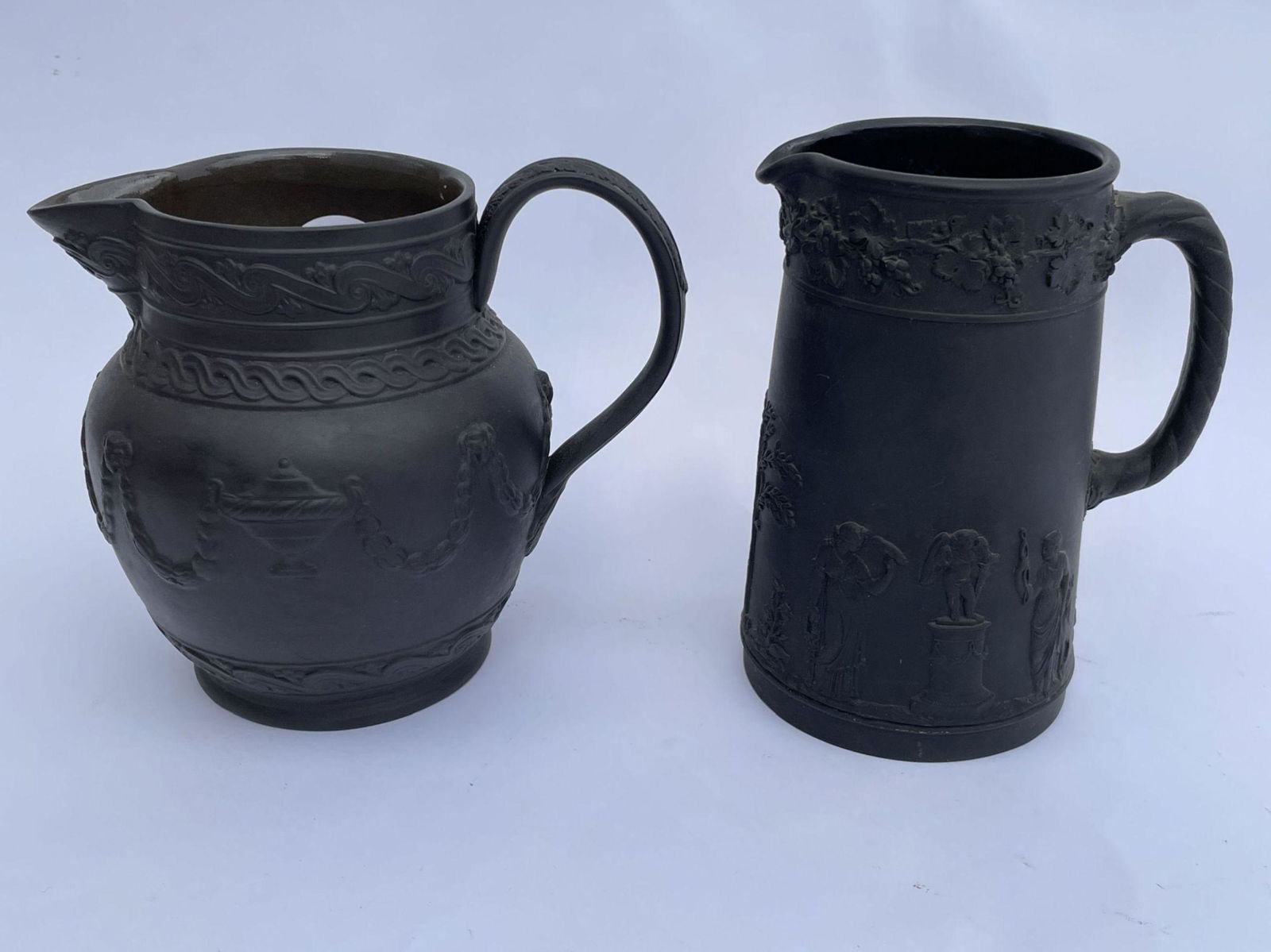 TWO MOTTAHEDEH BLACK BASALT PITCHERS, 5.5" X 7" AND 6" (1 of 4)