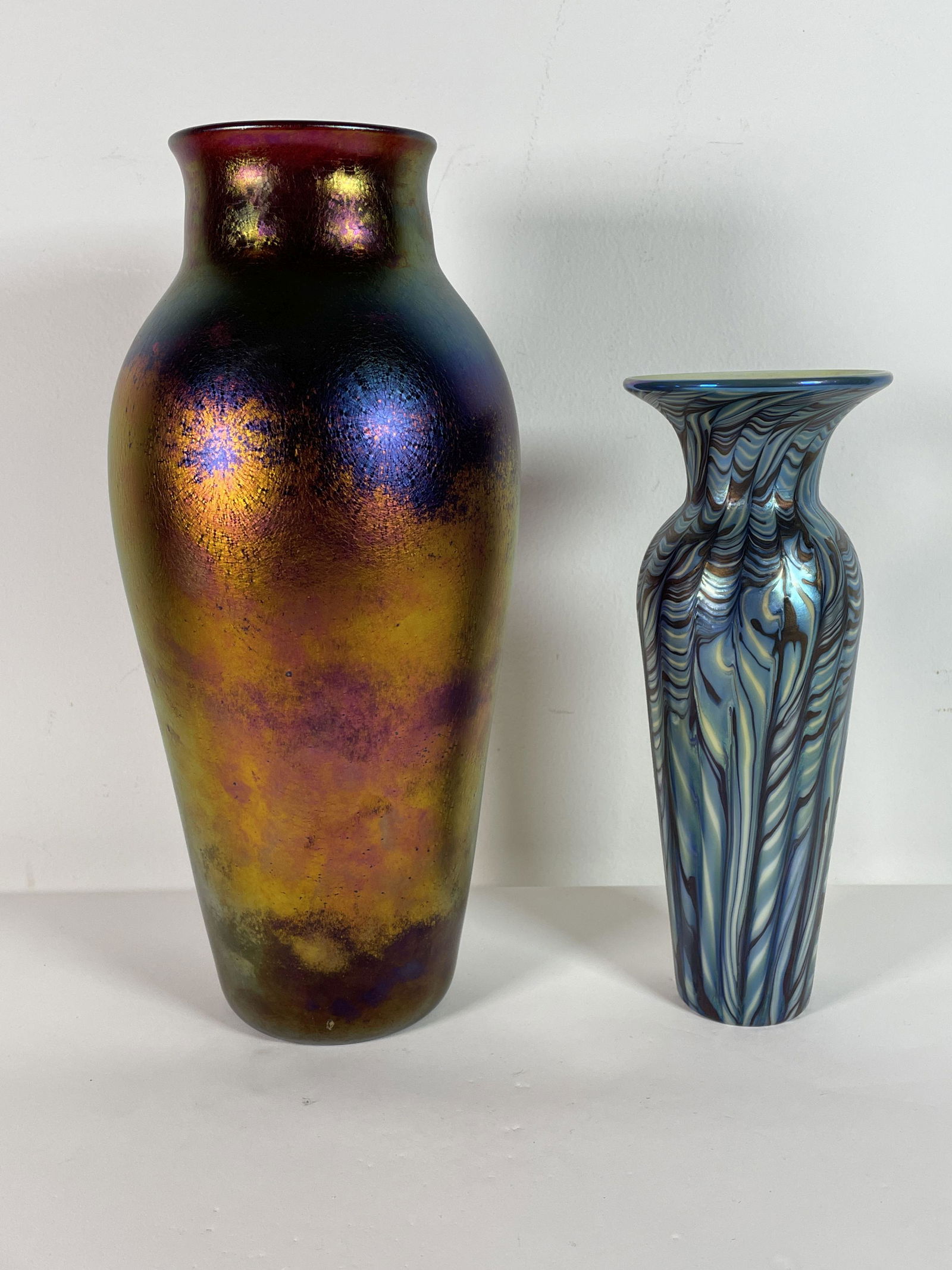 TWO FAVRILLE ART GLASS ARTIST SIGNED VASES, 12" AND 9" (1 of 5)
