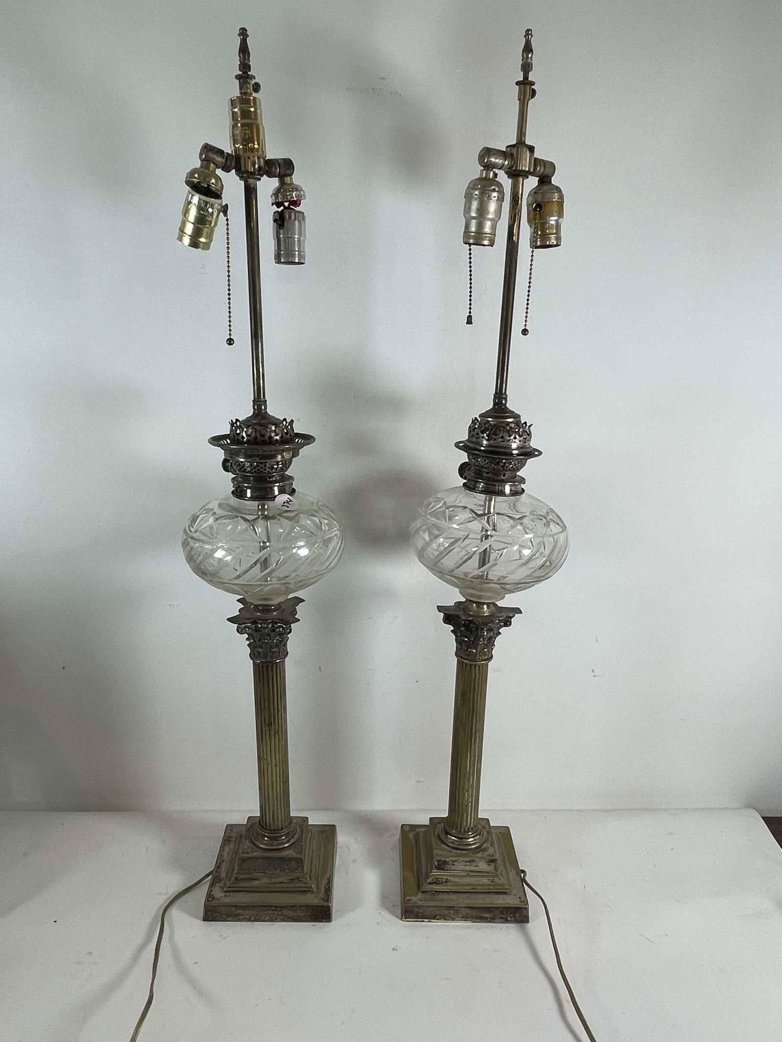 A LARGE PAIR OF CUT GLASS AND SILVER OVER COPPER OIL (1 of 8)