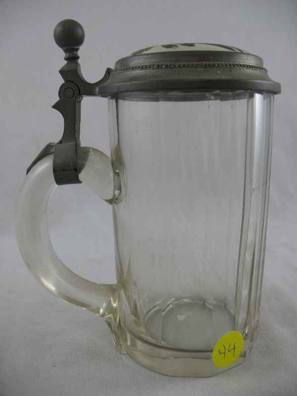 19TH CENTURY CRYSTAL STEIN W/ PEWTER MOUNTS, R: 19TH CENTURY CRYSTAL STEIN W/ PEWTER MOUNTS, ROYAL BONN LID, "CARL HUBERTRIS GRAF VON BRESSLER KNEIPE BONN 1991"