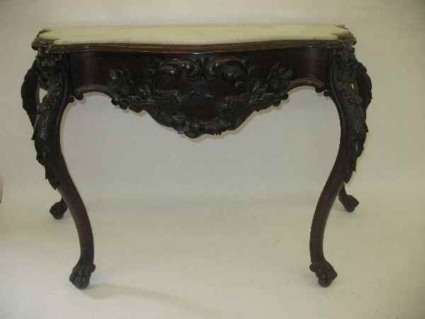 19TH CENTURY MEEKS BLACK WALNUT MARBLE TOP CO: 19TH CENTURY MEEKS BLACK WALNUT MARBLE TOP CONSOLE TABLE W/ CARVED BIRD DECORATION 60"W X 27"D X 34" TALL MISSING STRETCHER BASE