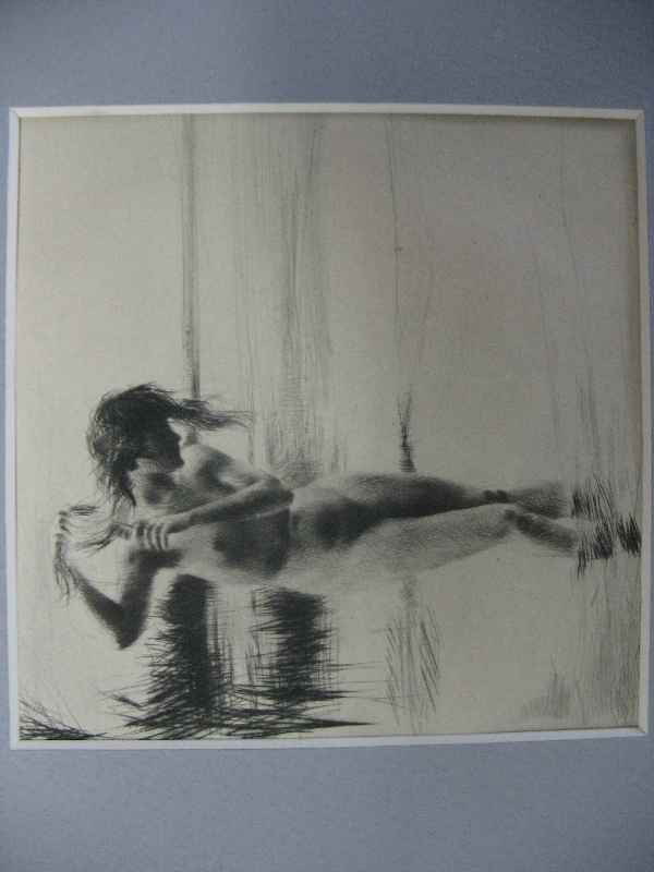 SMALL ENGRAVING OF A BATHING NUDE SIGNED BAUE: SMALL ENGRAVING OF A BATHING NUDE SIGNED BAUER