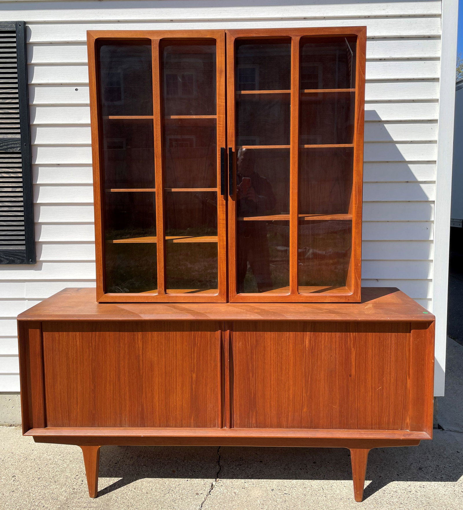 A KOFOD LARSEN TEAKWOOD SIDEBOARD WITH A GLASS FRONT CUPBOARD, BOTH SIGNED 65" X 20" X 76": A KOFOD LARSEN TEAKWOOD SIDEBOARD WITH A GLASS FRONT CUPBOARD, BOTH SIGNED 65" X 20" X 76"