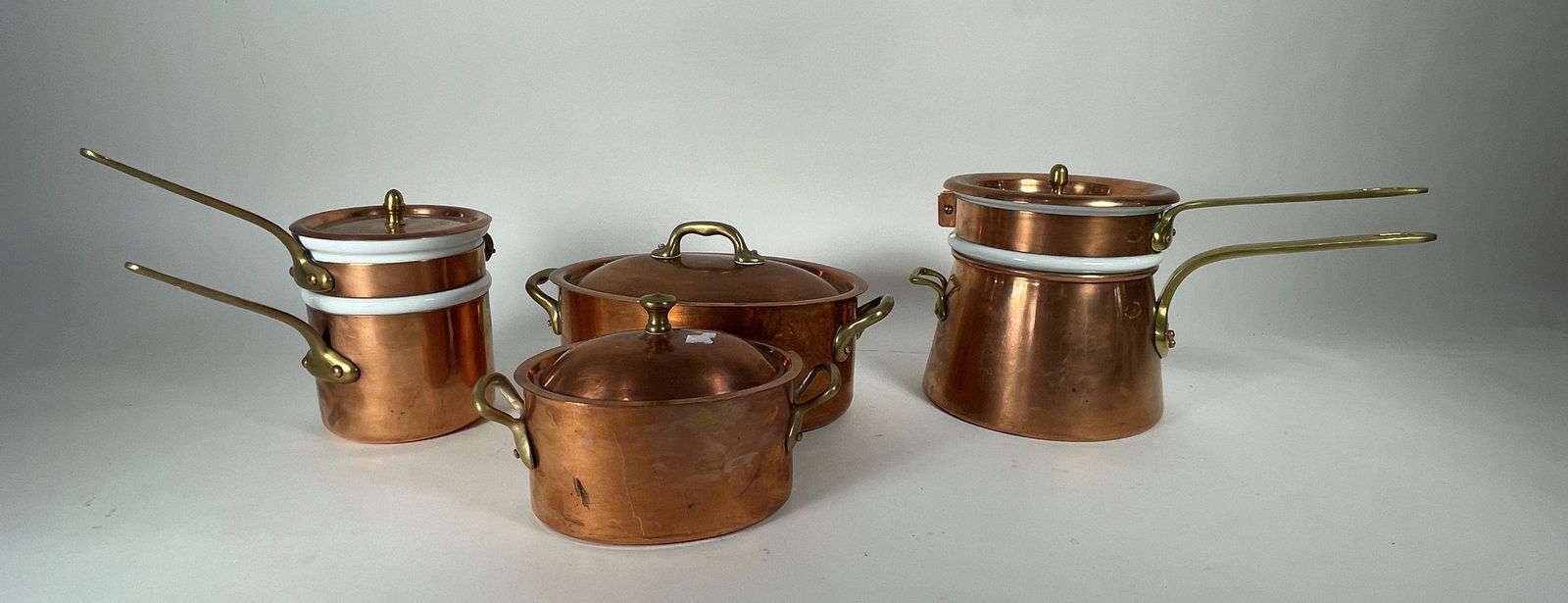 VERY CLEAN VINTAGE COPPER POTS, TWO DOUBLE BOILERS(FRENCH), AND TWO COVERED CASSEROLES(ENGLISH) (1 of 6)