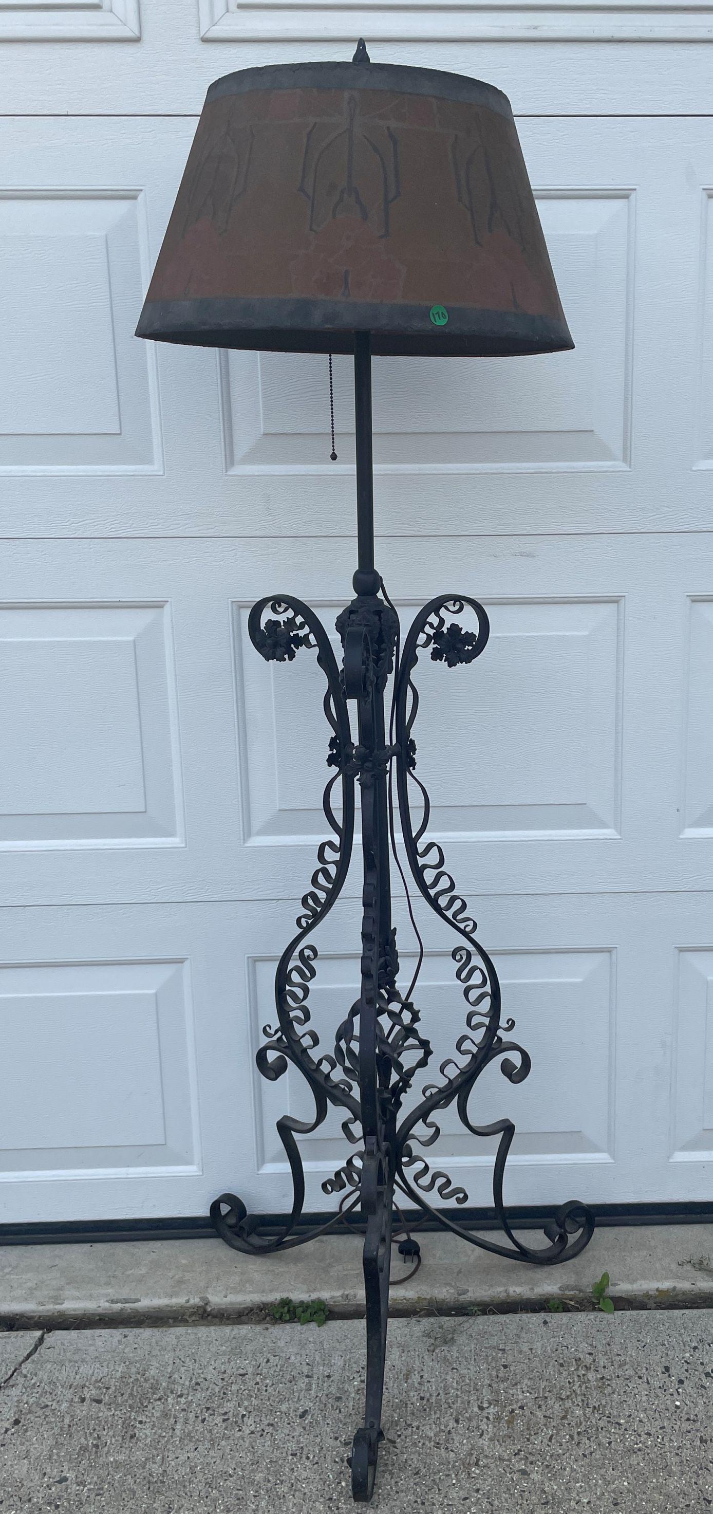 A FABULOUS CAST IRON VICTORIAN FLOOR LAMP WITH PAINTED SCREEN SHADE, 64" X 24" (1 of 6)