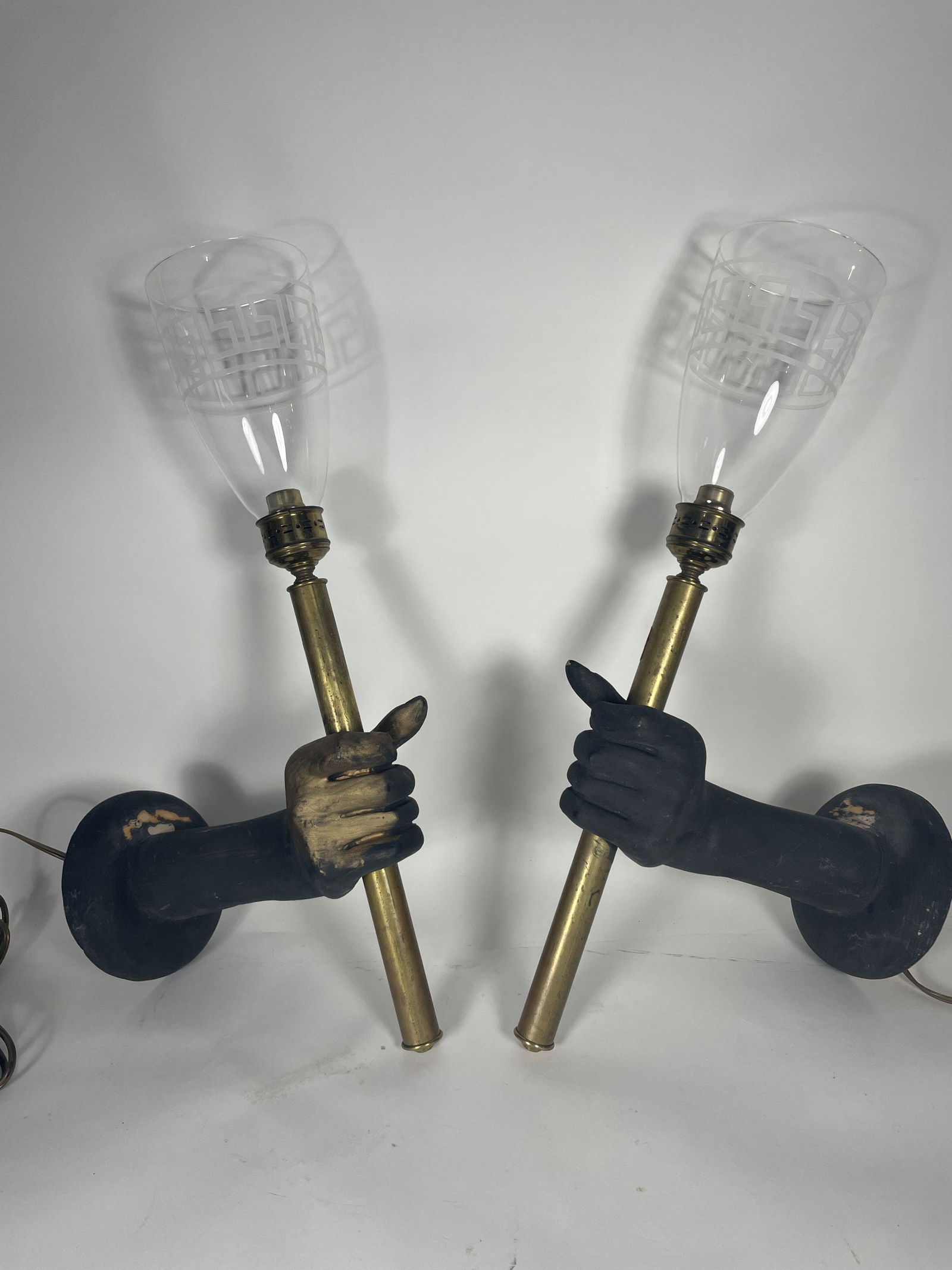 A PAIR OF CARVED WOOD HAND SCONCES WITH GREEK KEY SHADES, 23" X 12" W/ SHADES (1 of 9)