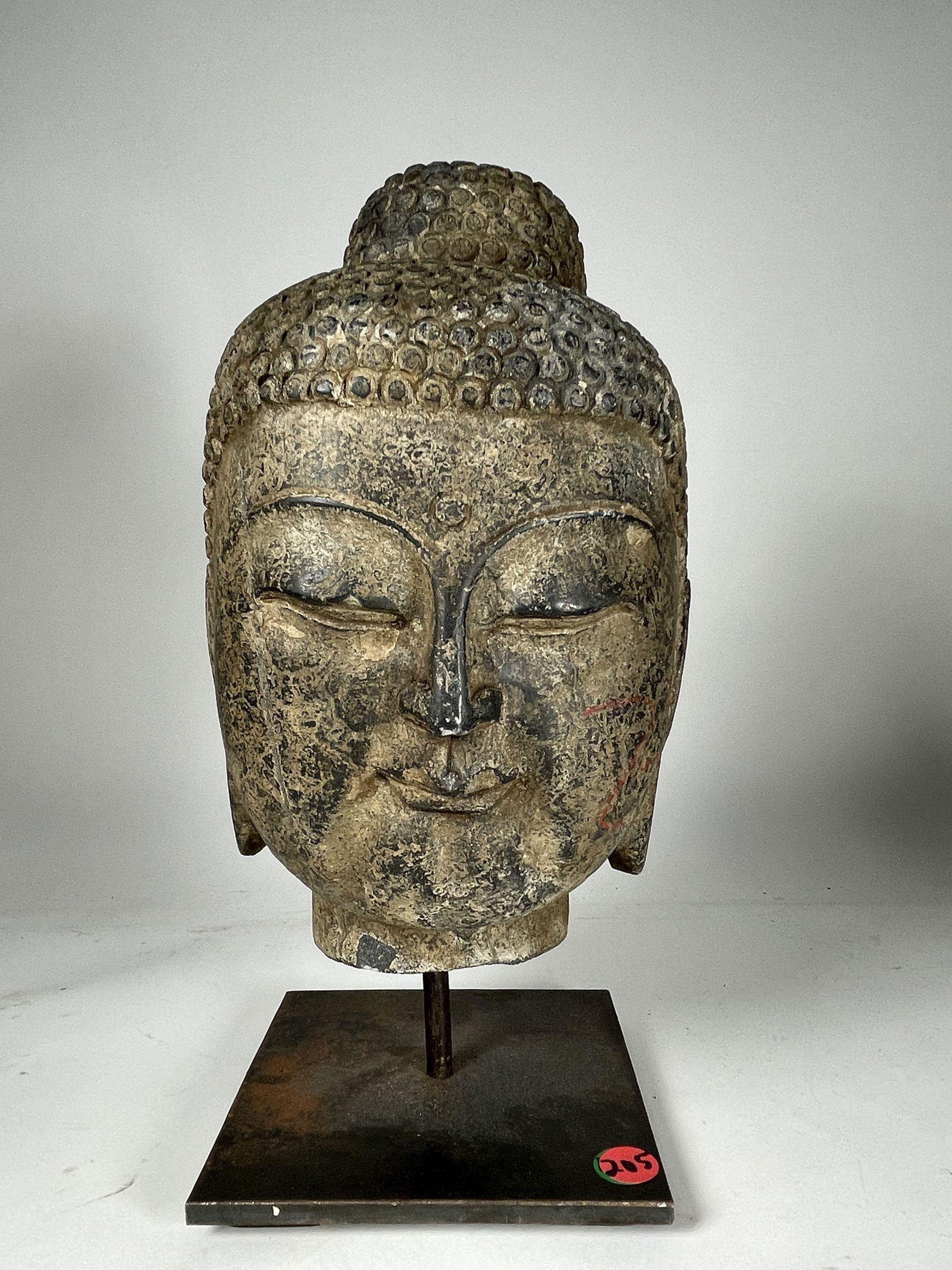 VERY EARLY STONE BUDDHA HEAD MOUNTED ON PEDESTAL, 14" X 7" X 7" (1 of 7)