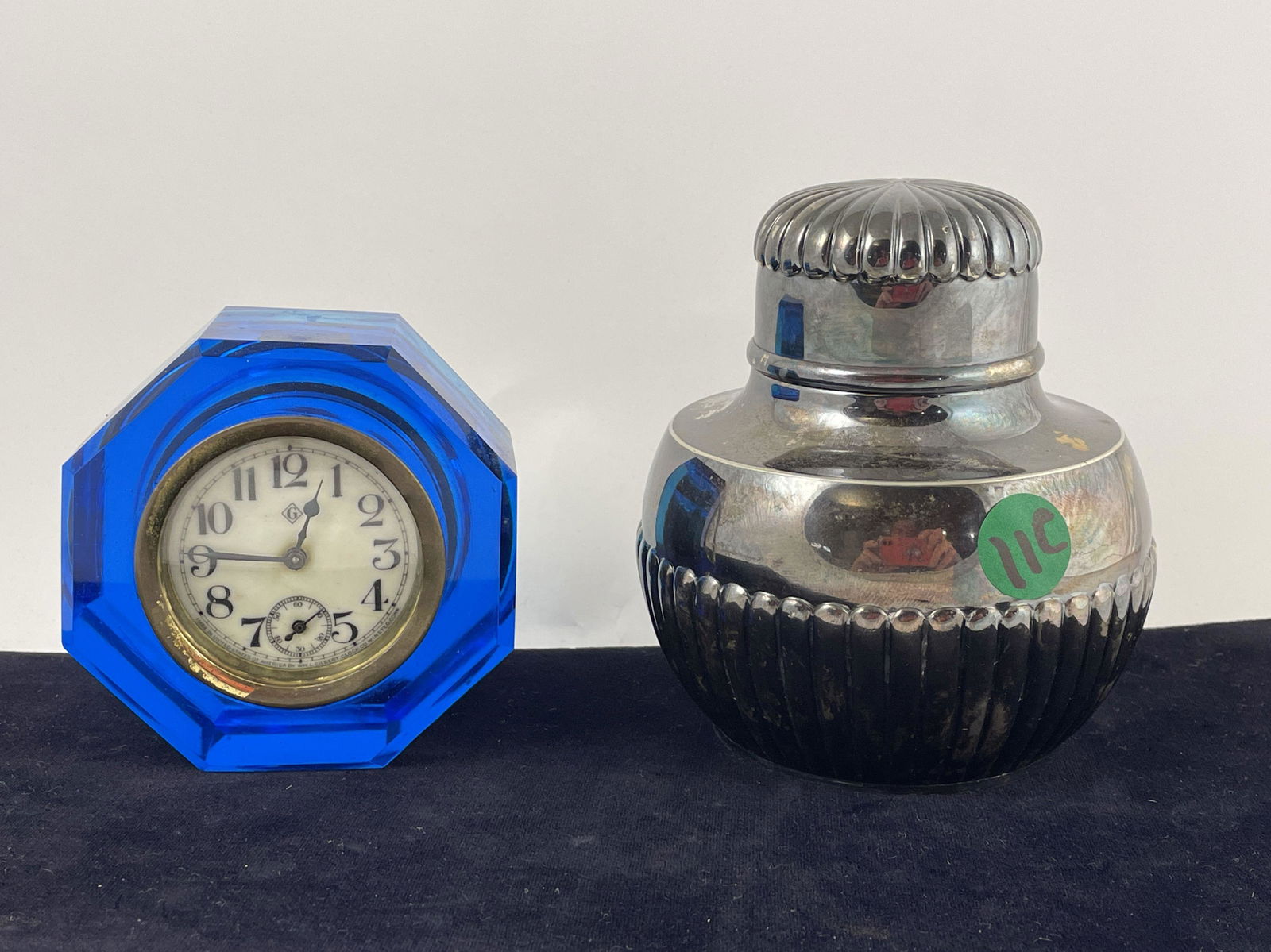 A TIFFANY AND CO SILVERPLATE TEA CADDY W/ GILBERT ALARM CLOCK IN ICE BLUE GLASS CASE, 4.5" AND 4" (1 of 7)