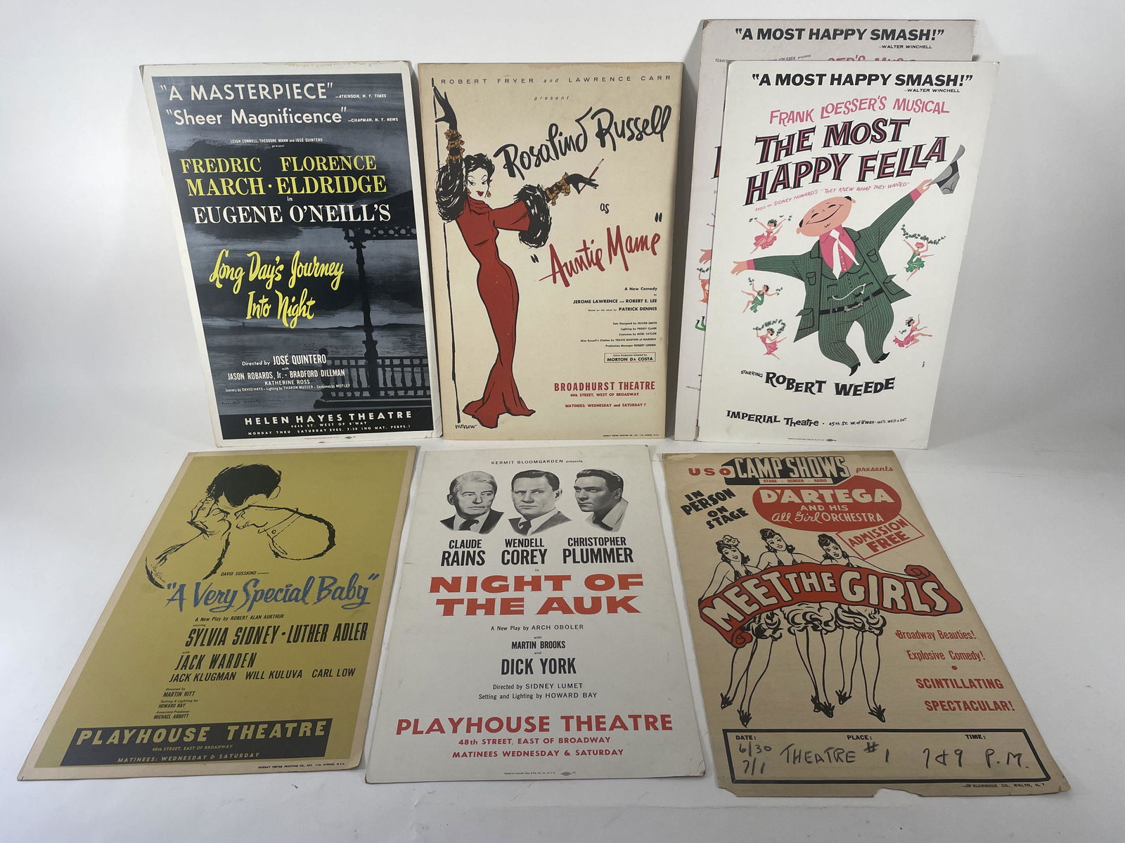 SEVEN VINTAGE NYC THEATER BROADSIDES, INCLUDES ROSALIND RUSSEL IN "AUNTIE MAME", "LONG DAYS JOURNEY (1 of 7)
