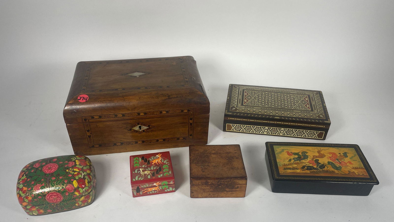 6 ANTIQUE BOXES INCLUDES AN INLAID SEWING BOX, PERSIAN INLAID BOX, EARLY BURLWOOD BOX, AND LACQUERED: 6 ANTIQUE BOXES INCLUDES AN INLAID SEWING BOX, PERSIAN INLAID BOX, EARLY BURLWOOD BOX, AND LACQUERED BOXES. 11" X 8" X 5.5" AND SMALLER, SOME BULGING ON SEWING BOX