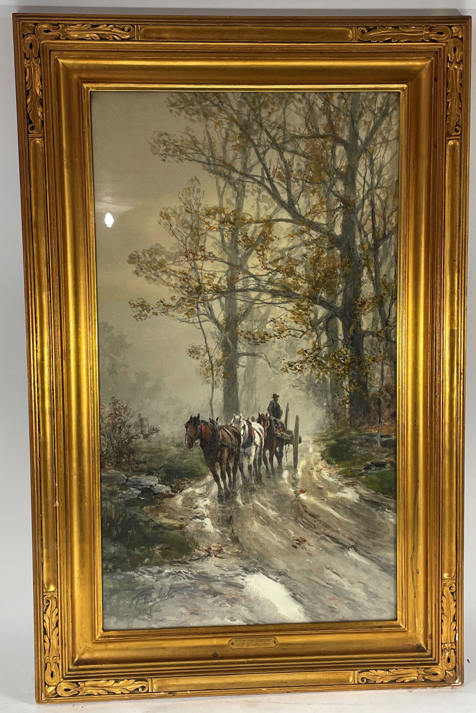 WATERCOLOR ON PAPER BY F.F. ENGLISH "AFTER THE SHOWER" IN A NEWCOMB MACKLIN FRAME W/ PAPER LABEL. (1 of 14)