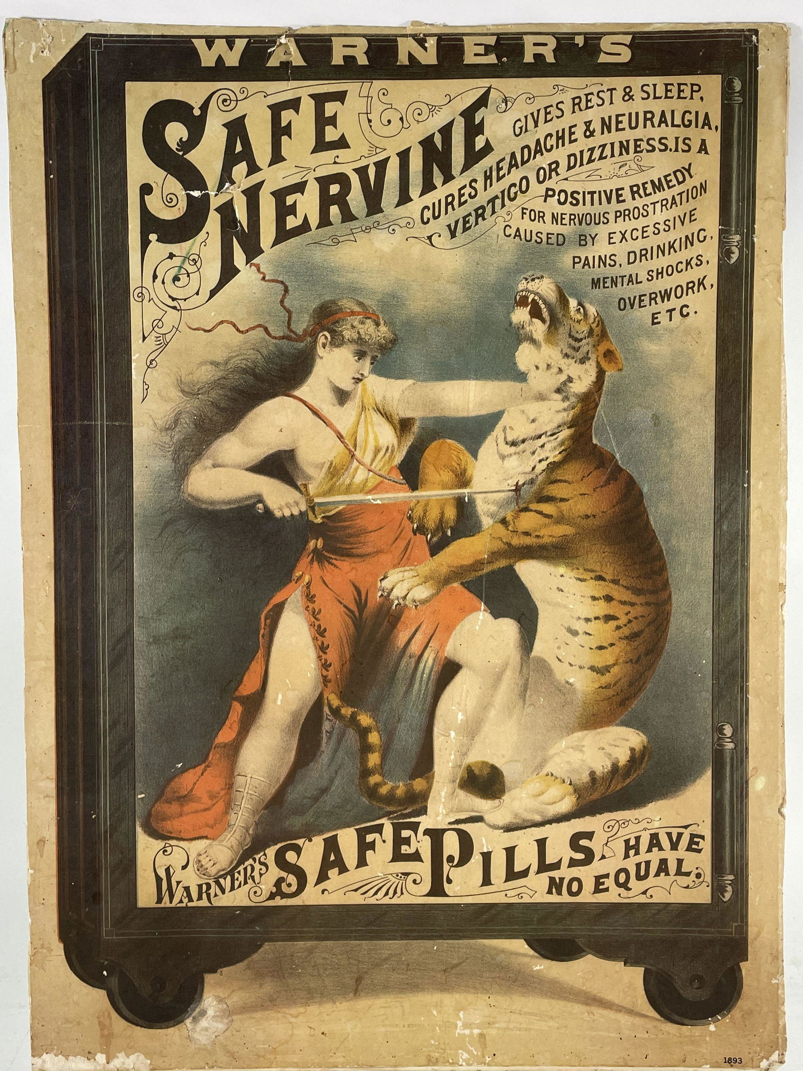 A 19TH CENTURY WARNERS SAFE NERVINE ADVERTISING BROADSIDE MOUNTED TO CARDBOARD, 20.5" X 28.5". (1 of 11)