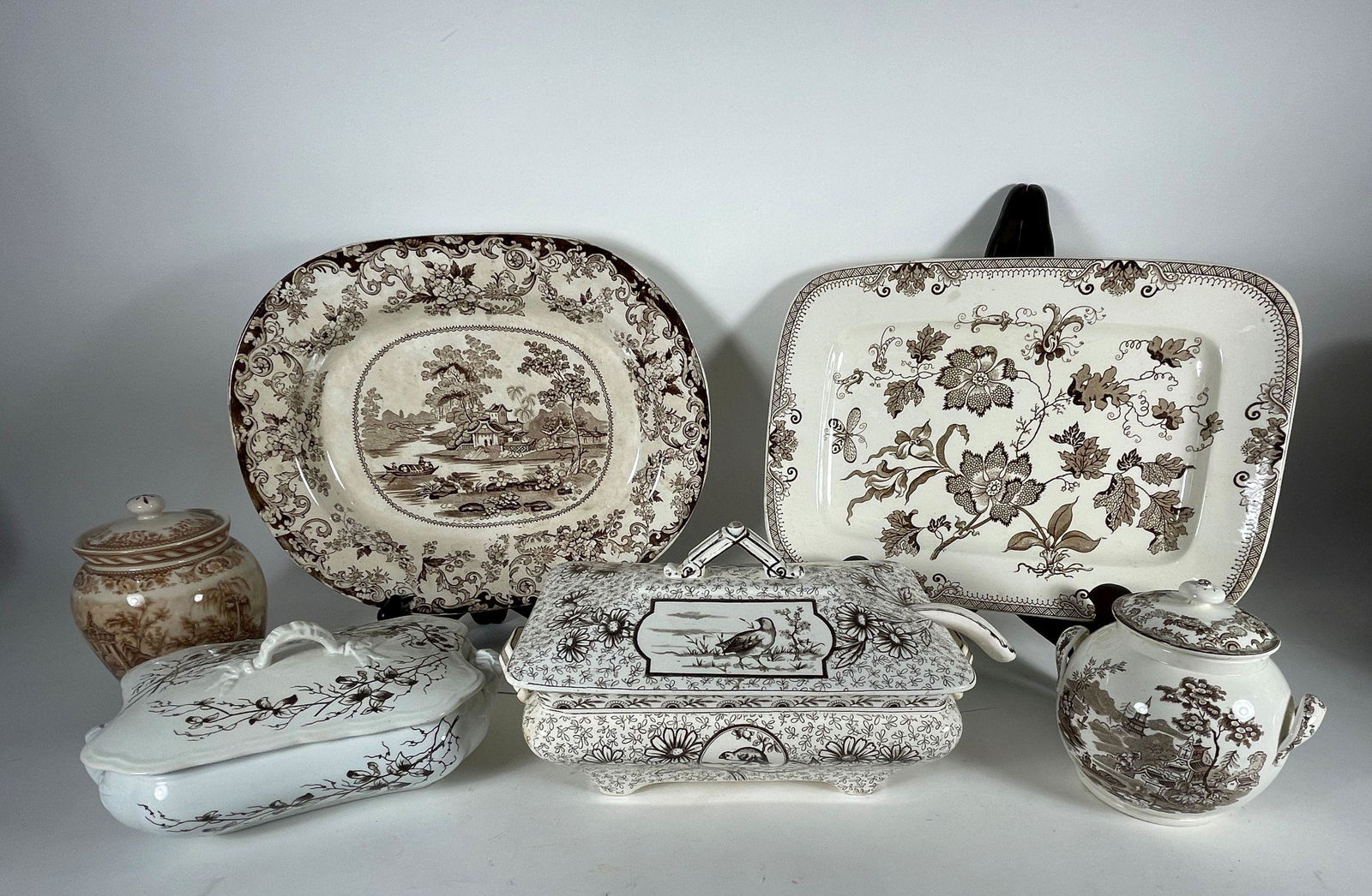 SIX BROWN TRANSFERWARE SERVING PIECES INCLUDING RIDGEWAYS SOUP TUREEN WITH BIRDS, 16" X 13" AND (1 of 13)